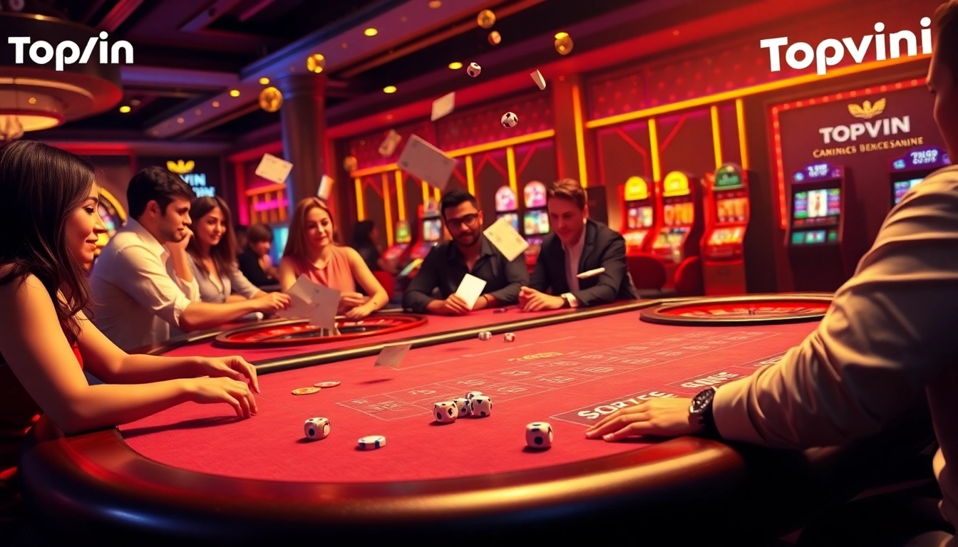 Topvin gaming experience with players at a luxurious casino poker table featuring vibrant chips and cards.