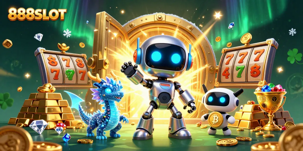 Experience big wins with 888SLOT's vibrant cyberpunk themed gaming illustration showcasing exciting slot elements.