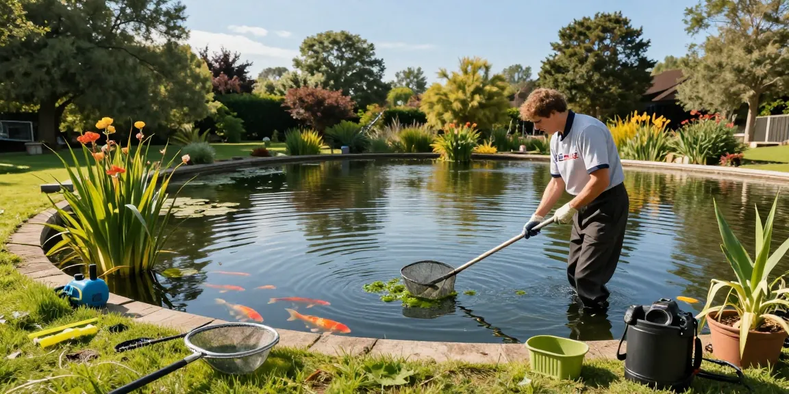 Pond Clean Essex expert cleaning algae from a serene pond, ensuring healthy aquatic life.
