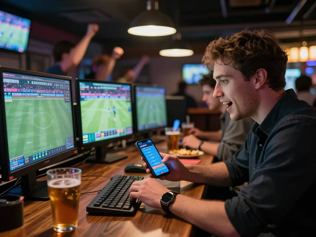 Person placing a bet on the USBET app at a vibrant sports bar during a live event.