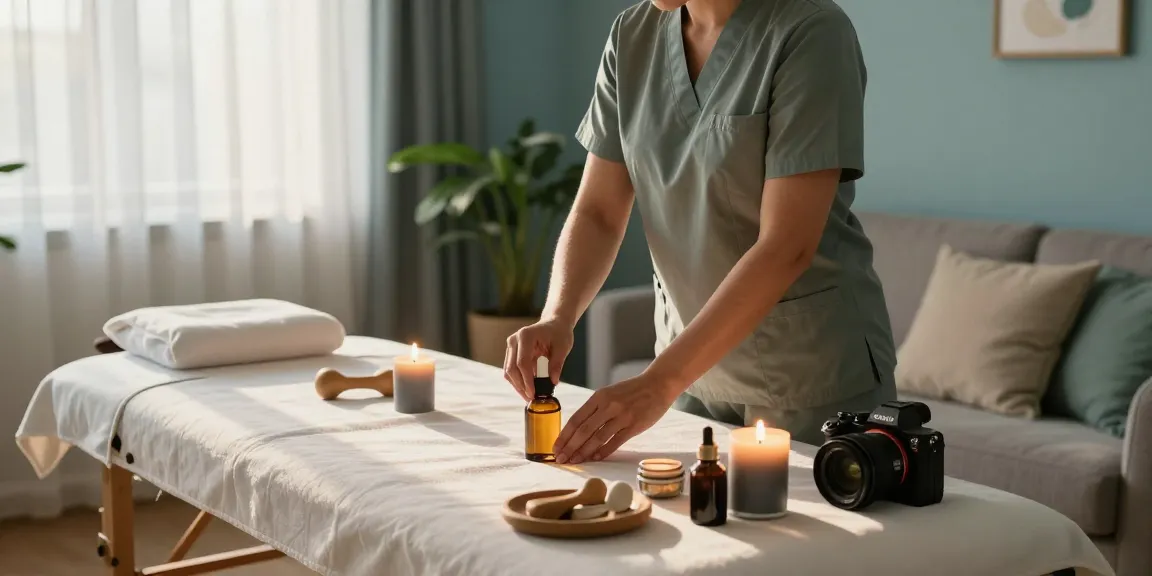 김포출장마사지 session setup with a professional therapist preparing a soothing home environment.