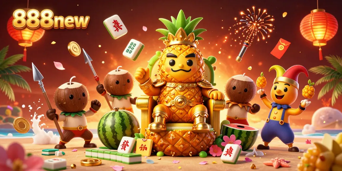 Experience the excitement of 888new's casino with a vibrant golden pineapple king and lively gaming elements.
