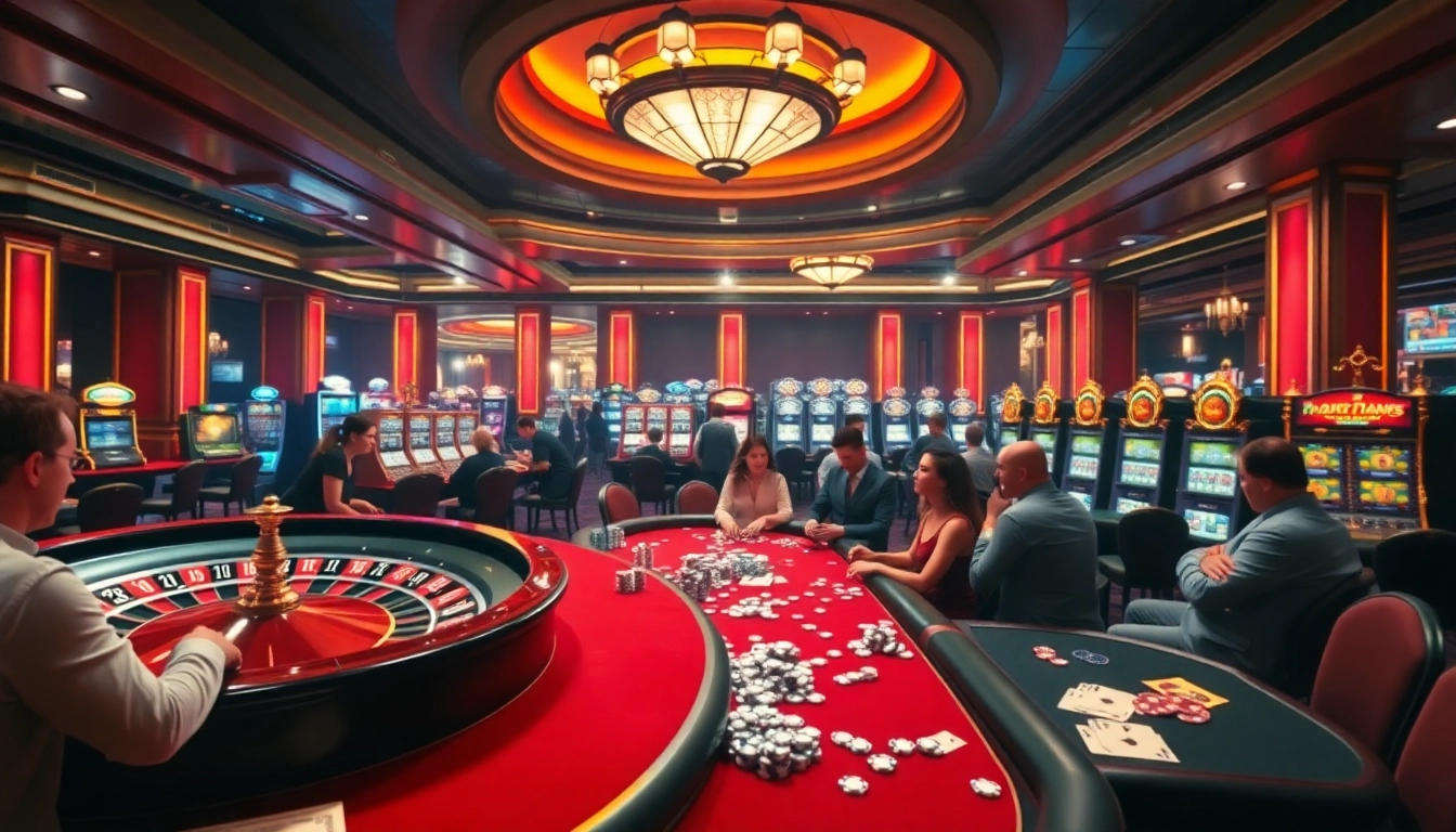 Exciting gameplay at onicplay with vibrant casino elements like slot machines and roulette wheels.