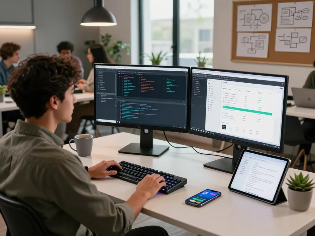 Developer utilizing clawdbot ai in a modern workspace with dual monitors and a collaborative atmosphere.