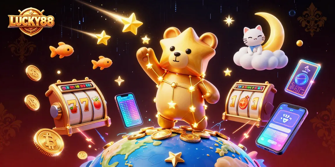 Play the exciting LUCKY88 slot game with our vibrant illustration of celestial characters and crypto elements!