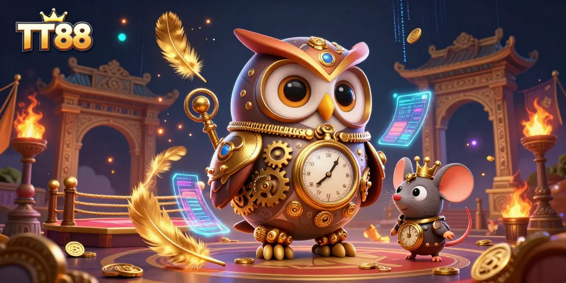 Experience the thrill of TT88 with a lively casino-themed illustration featuring a steampunk owl and engaging game elements.