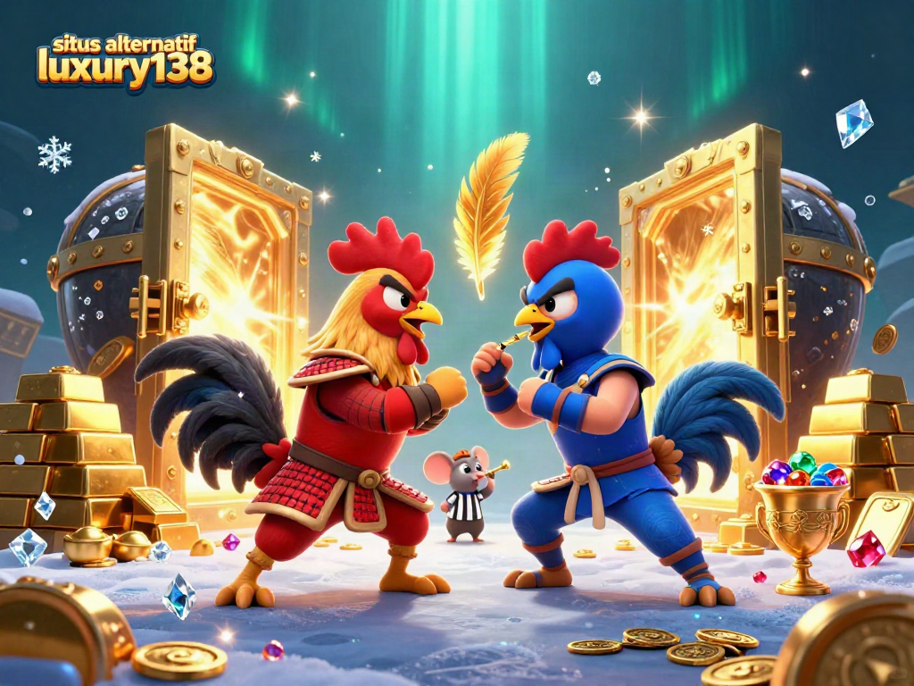Situs alternatif luxury138 menghadirkan duel spektakuler antara ayam jantan samurai dan ninja dalam ilustrasi kasino 3D yang menakjubkan.