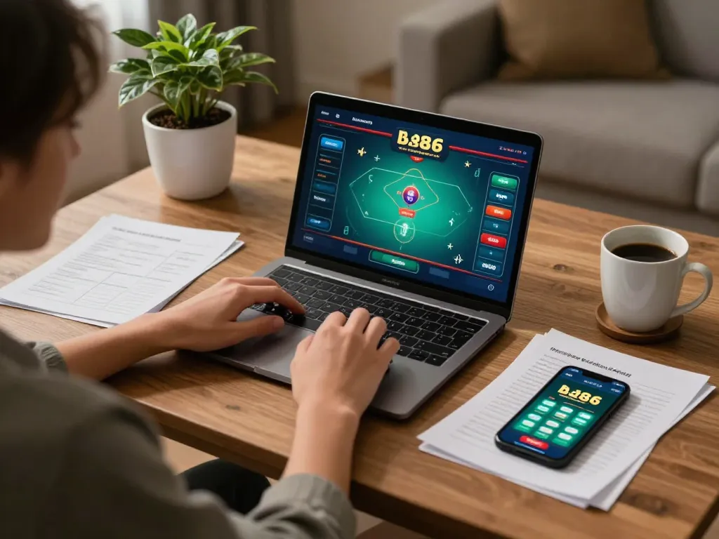 Engaged player using bj886 online casino app for strategic poker gameplay while taking notes.