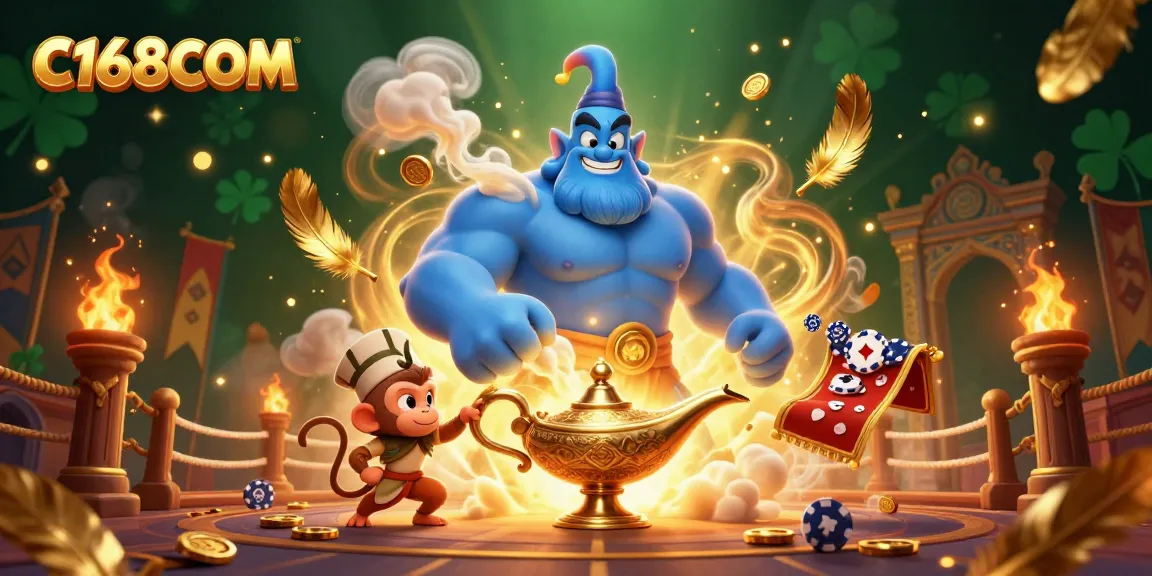 C168COM unlocks winning thrills with a dazzling genie and poker chips in this vibrant casino scene.