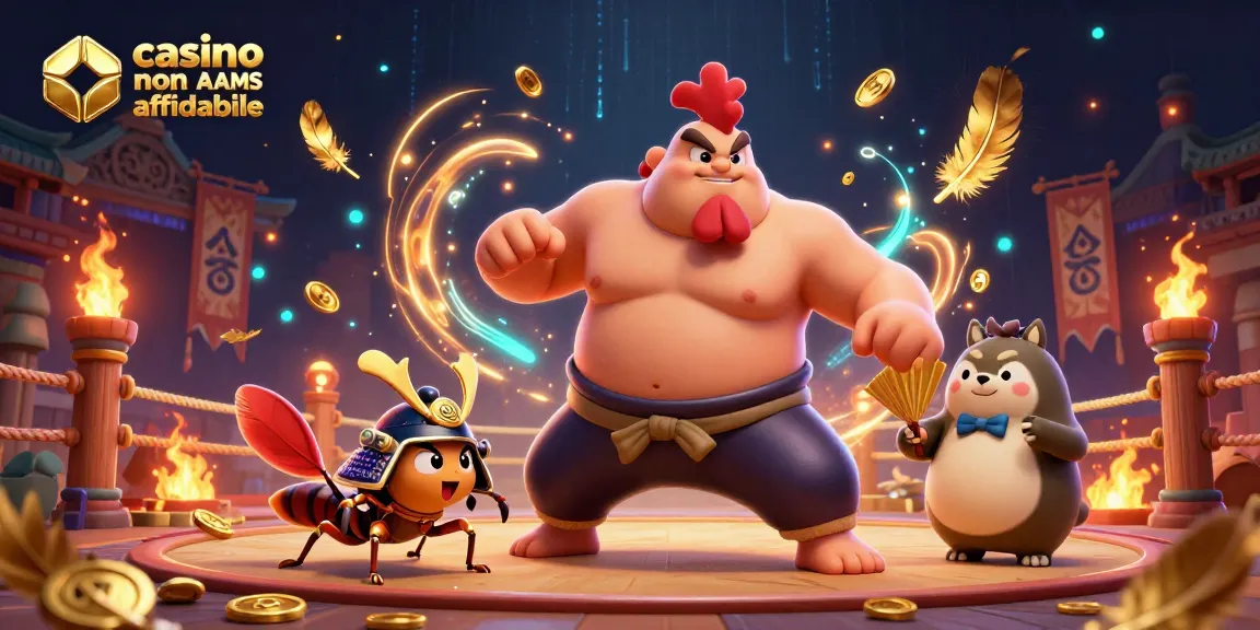Gallo sumo e grillo samurai che saltano in un'affascinante arena di casino non AAMS affidabile.
