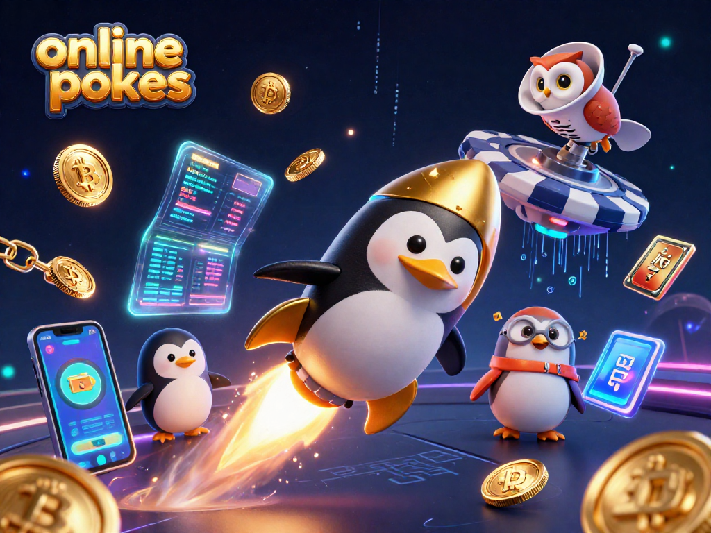 Explore top online pokies with a penguin astronaut amidst cryptocurrency and casino space elements.