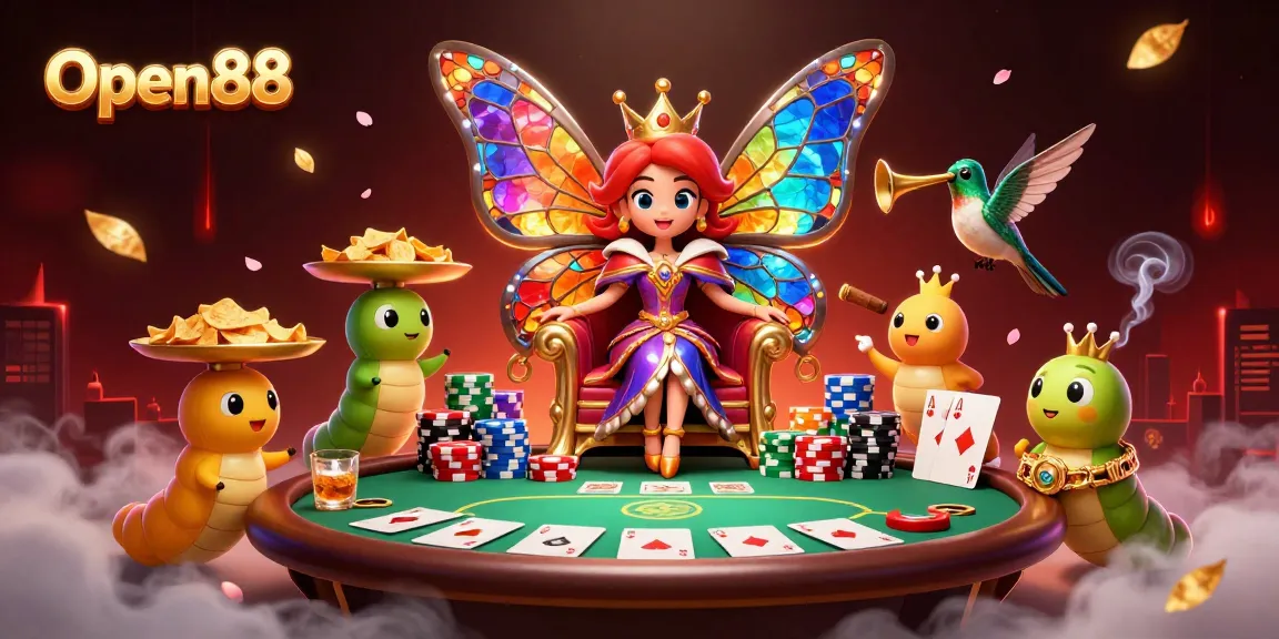 Open88 showcases a vibrant 3D cartoon scene featuring a butterfly queen and poker elements, celebrating gaming.