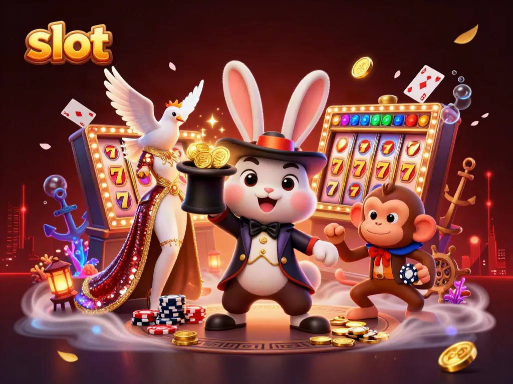 Experience the thrill of slot gaming with an engaging illustration of a magician rabbit, dove, and monkey amid vibrant casino elements.