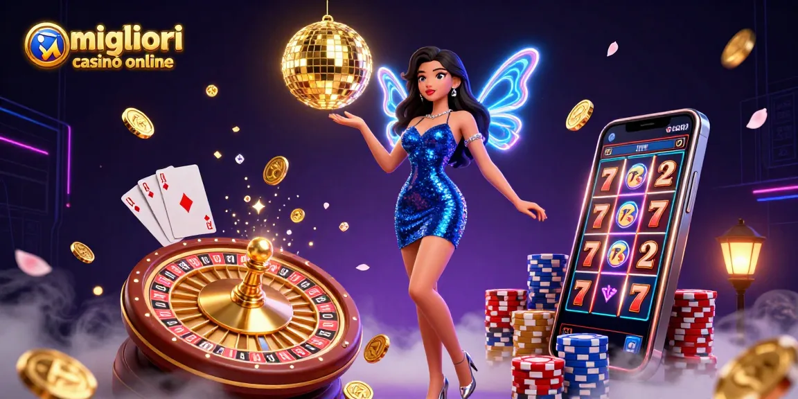 Interagisci con il vibrante mondo dei migliori casinò online mentre una figura glamour danza tra monete che vorticano e farfalle al neon, mostrando eccitazione.