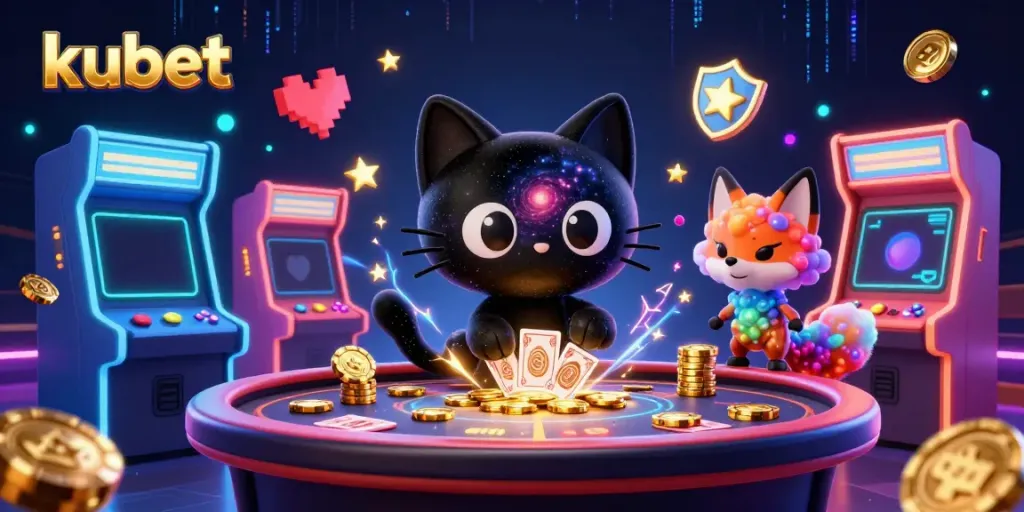 Engage with kubet at a cosmic casino table, filled with vibrant game elements and charming characters.