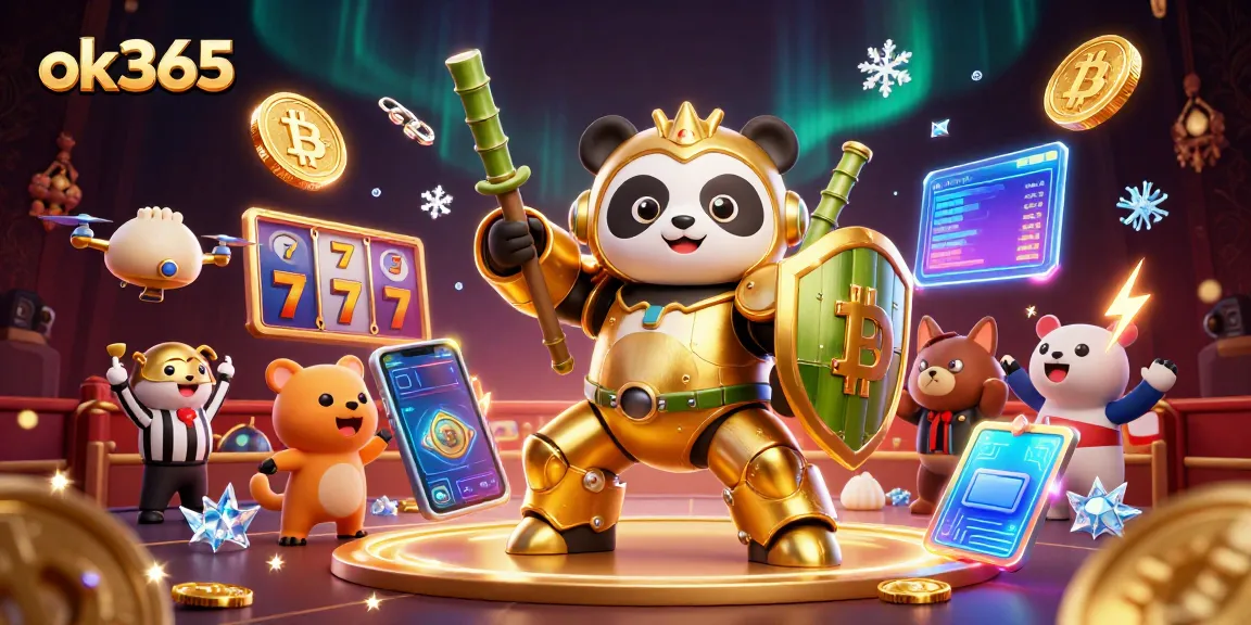 Experience thrill at ok365 with golden panda in mech-suit battling in a vibrant casino arena.