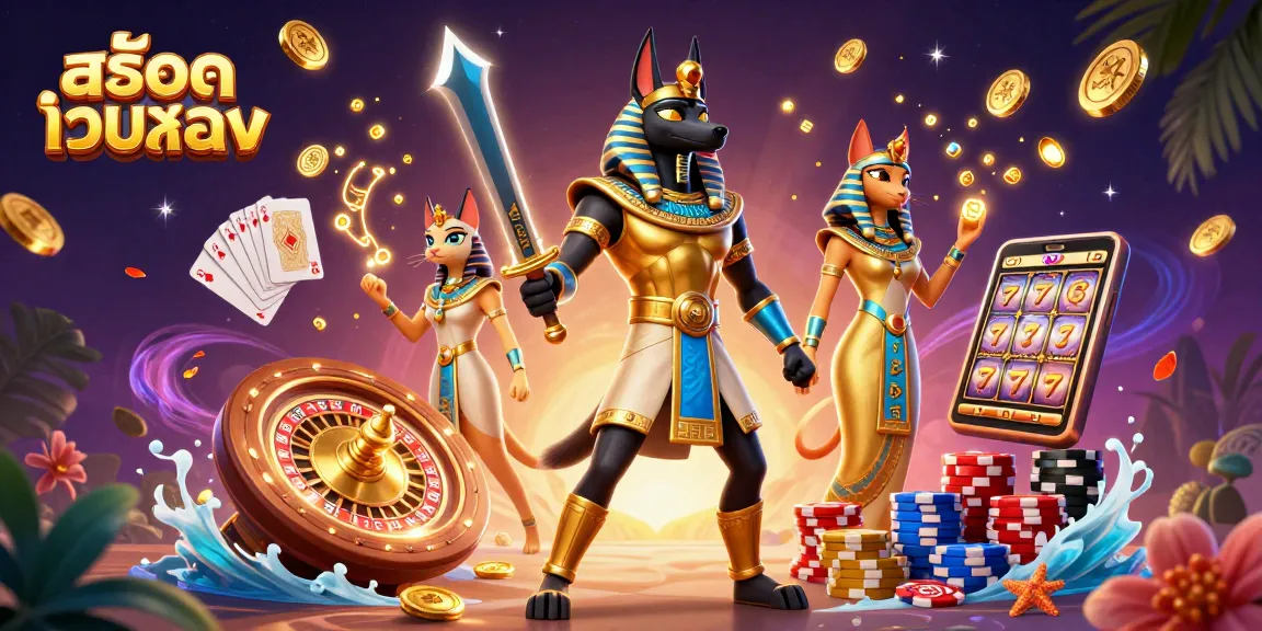 Spin to win with สล็อตเว็บตรง featuring Anubis and Bastet amidst sparkling casino elements.