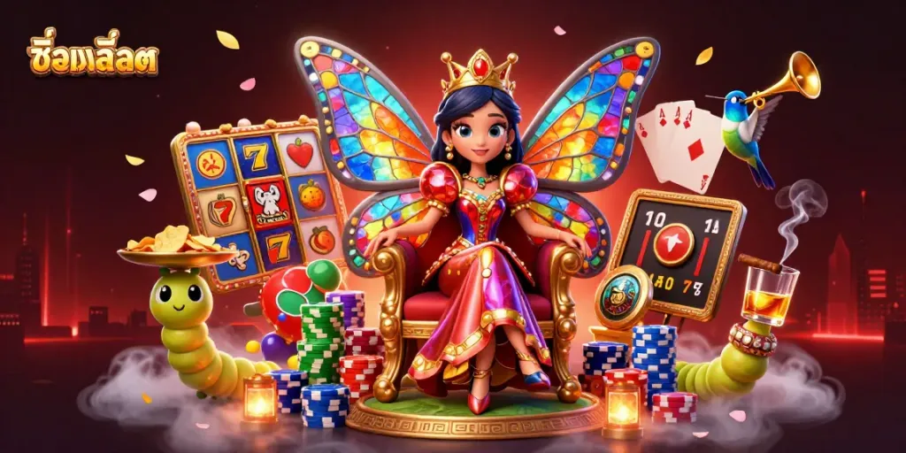 Experience the vibrant action of ชื่อเกมสล็อต with a charming butterfly queen amidst colorful slot elements and captivating casino symbols.