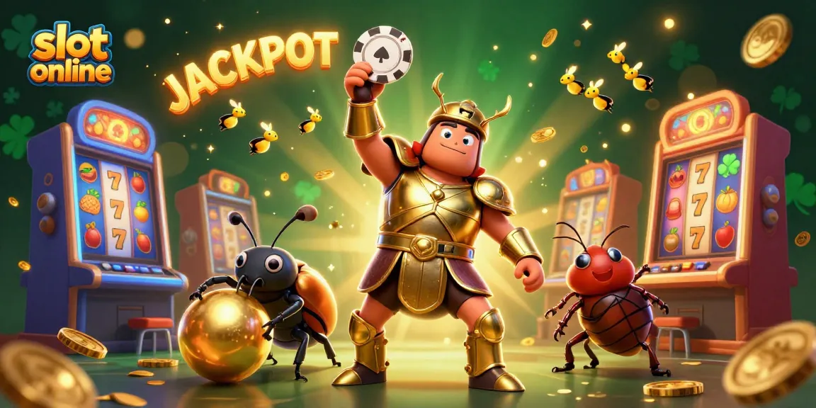 Watch the 3D cartoon hercules beetle lifting a poker chip in a vibrant slot online scene filled with colorful machines and lucky symbols.