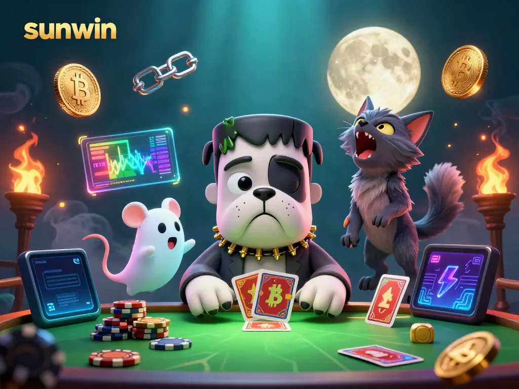 Join the fun at sunwin with a cartoon bulldog dealer and crypto elements in a lively 3D casino.