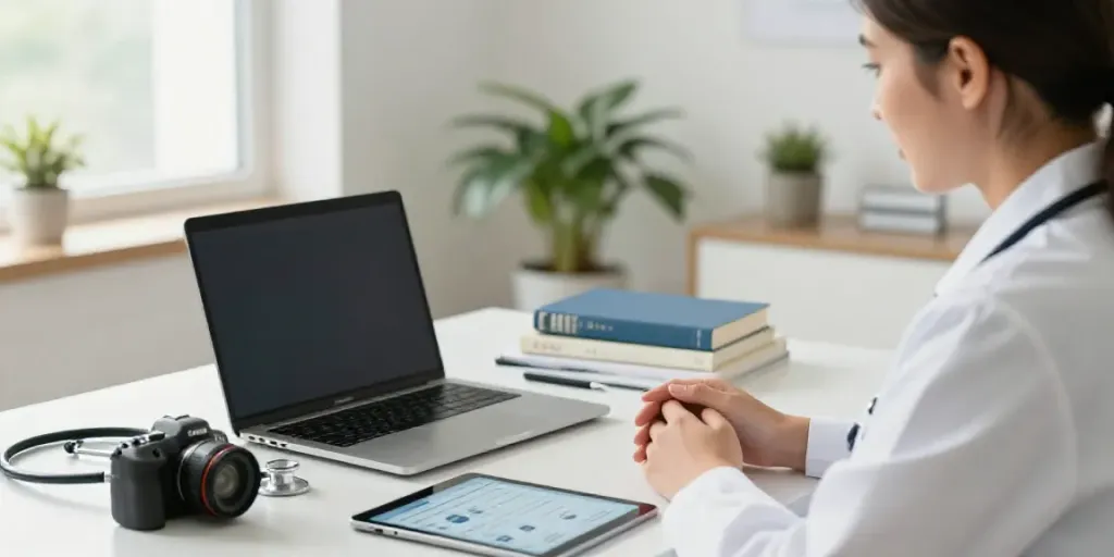 Compassionate doctor consulting online for PA MMJ card online with patient.