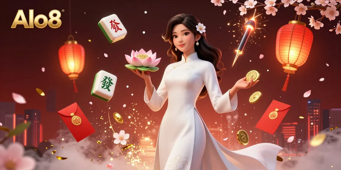 Alo8 showcases a vibrant 3D casino scene with an elegant Asian woman, sophisticated game elements, and radiant colors.