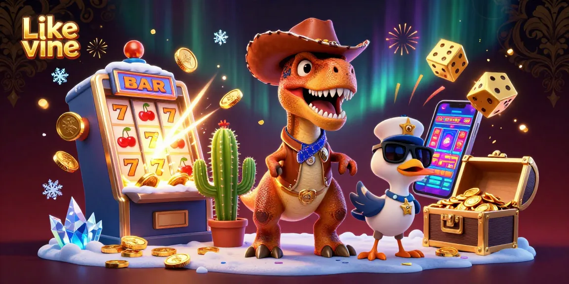 Spin to win at Like vine with a T-Rex, cactus, and roadrunner in a vibrant casino scene.