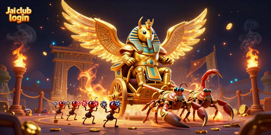 Engage in thrilling gameplay with Jai club login, featuring a golden scarab and dynamic casino visuals.
