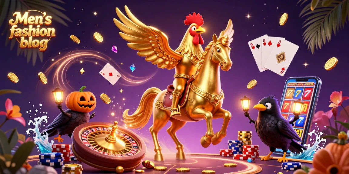 Engaging Men’s fashion blog illustration showcasing a golden rooster in a vibrant casino setting.