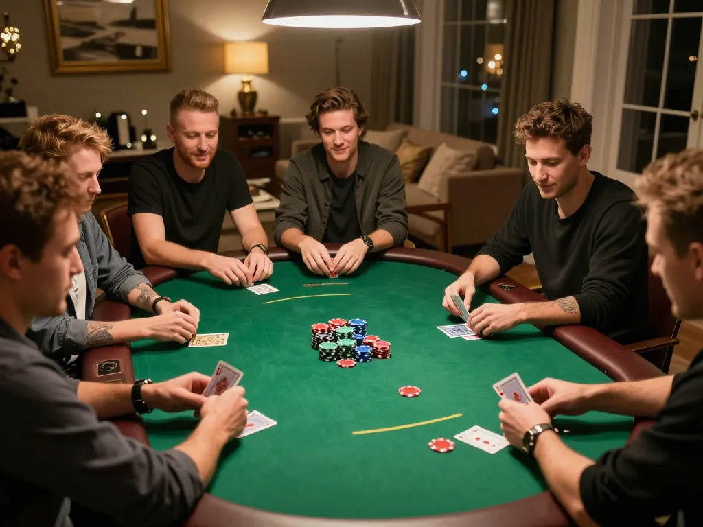 Players enjoy a riveting game of poker at home, engaging in strategic moves on vipwin79's platform.