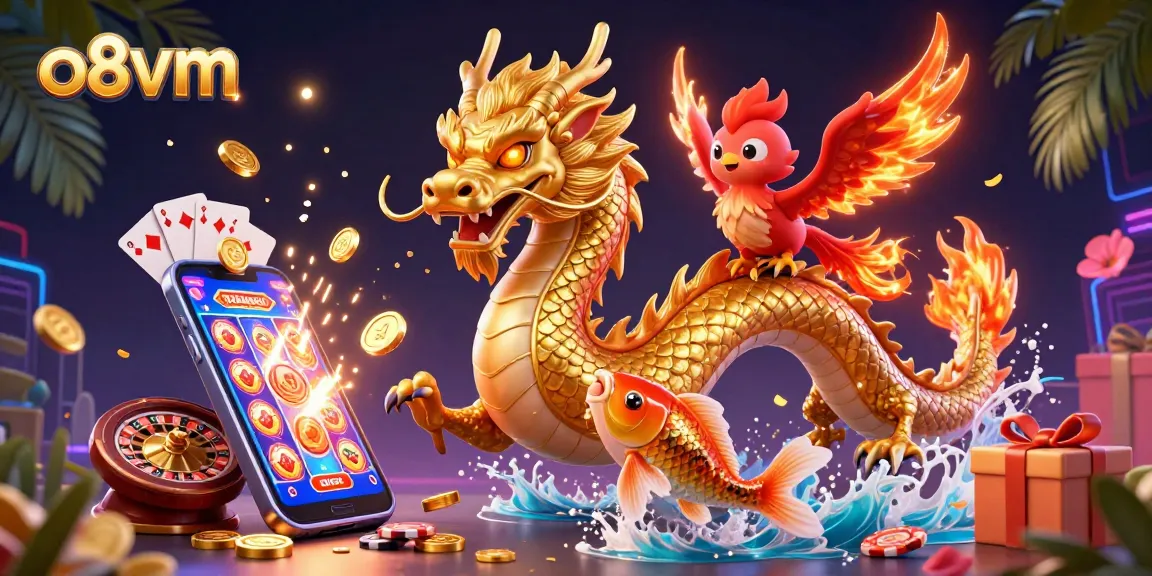 Engage with o8vm's vibrant gaming world featuring a golden dragon, phoenix, and joyful koi fish leaping amidst coins.