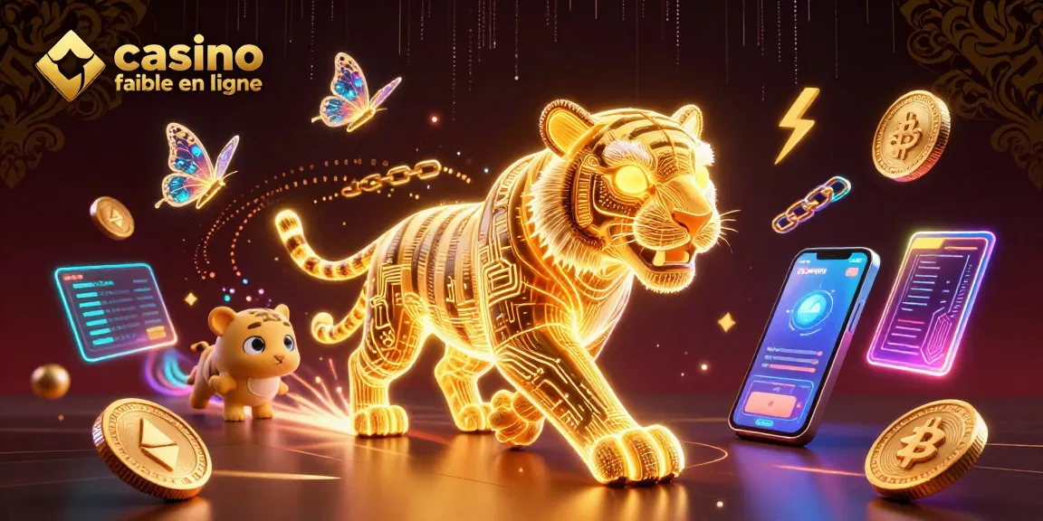 Découvrez un casino fiable en ligne avec des éléments de jeu captivants et un tigre lumineux dans un paysage numérique.