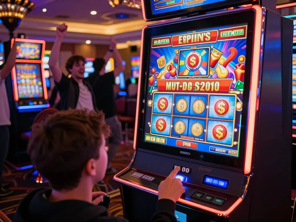 Engaging in a slot bet 100 strategy at a vibrant casino machine with dynamic spins
