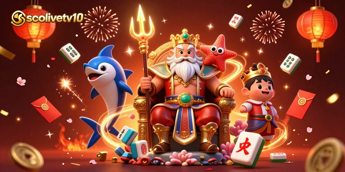 Socolivetv10 showcases a vibrant casino scene with Neptune and samurai amidst animated gambling symbols.