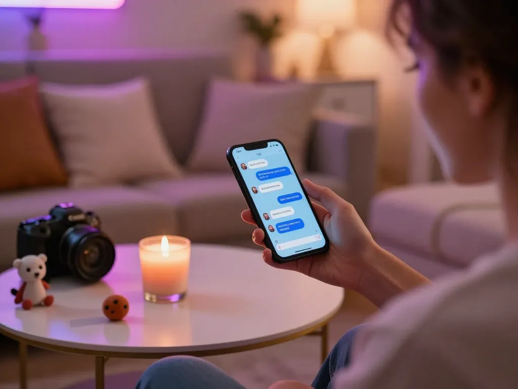 User engaging with an nsfw chat bot on their smartphone in a cozy, inviting setting.