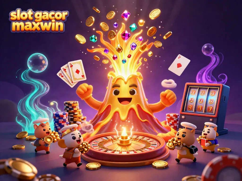 Experience the thrill of slot gacor maxwin with a golden volcano erupting treasure and casinoscape elements.