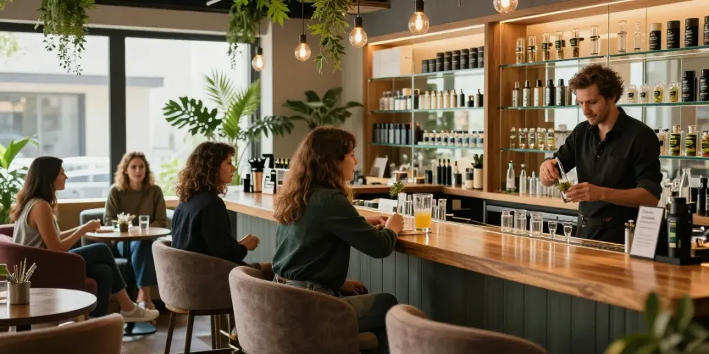 Patrons enjoying clear chronic products in a modern cannabis lounge with stylish ambiance.