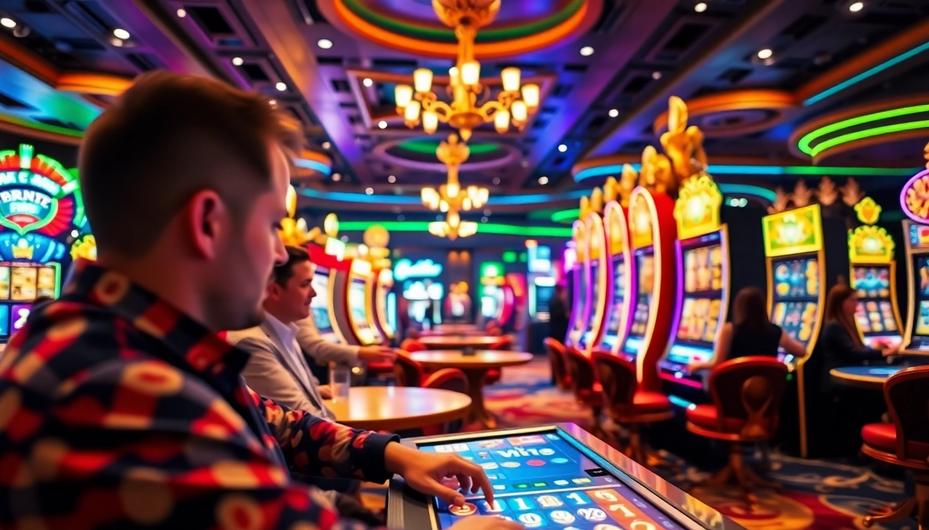 Engaging player at casino showcasing GEEK THC excitement with vibrant slot machines in background.
