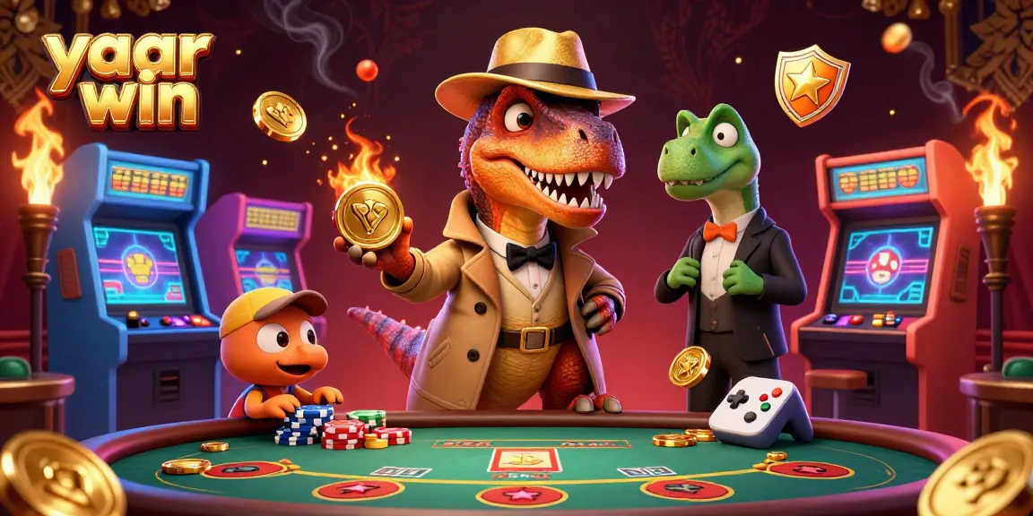 Experience yaar win excitement with a velociraptor card counter navigating a colorful casino environment.