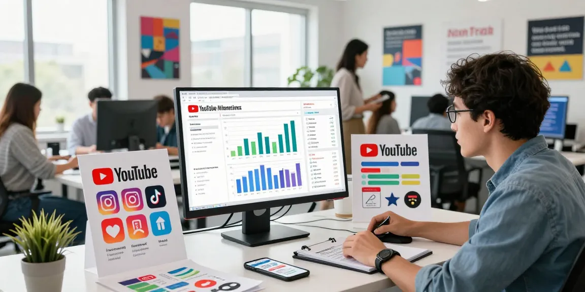 活気に満ちた現代的なオフィスでYouTubeの指標を分析する若いマーケティングプロフェッショナル。