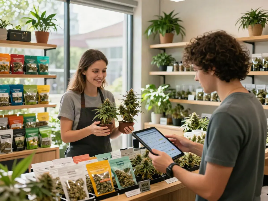 Engaged customer exploring cannabis seeds, intending to buy cannabis seeds online, in a bright store with various seed packets.