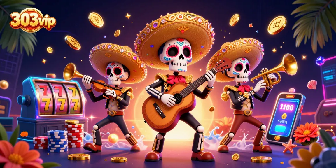 Join the excitement at 303vip, where vibrant mariachi characters celebrate wins with slot machines and poker chips.