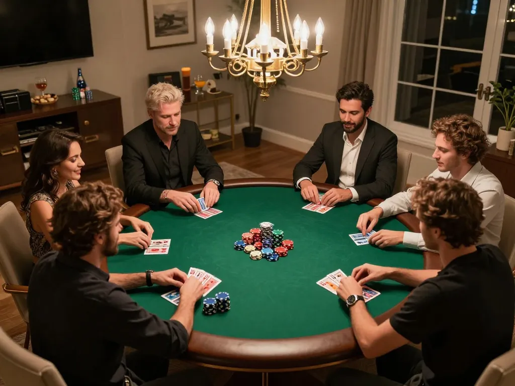 Experience the excitement of 78WIN poker night with friends enjoying a lively home game.