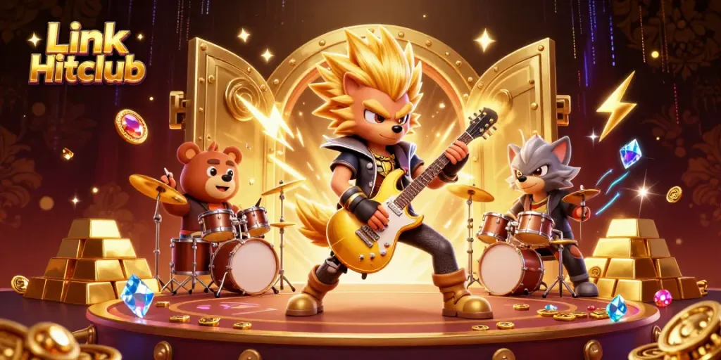 Experience the excitement of Link Hitclub with a rock star wolf on stage amidst golden treasures and vibrant casino elements.