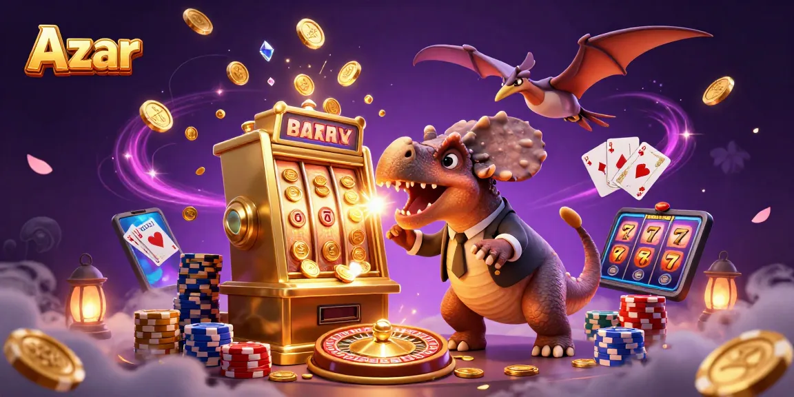 Azar enhances gaming excitement with vibrant slot machine action and cascading coins.
