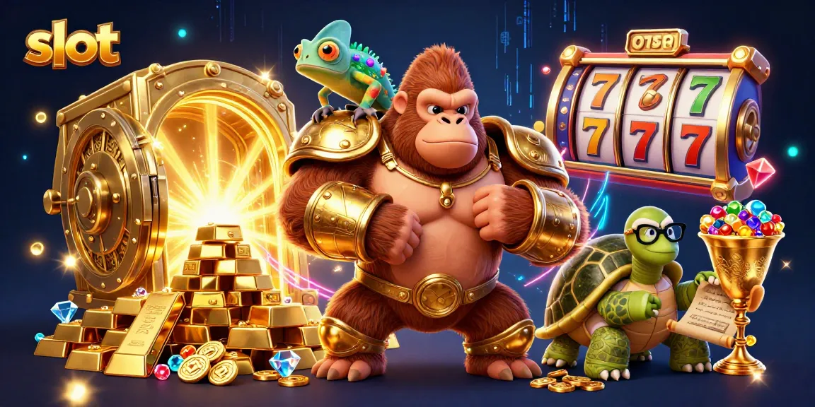 Spin slot machines with a powerful gorilla king and wise tortoise in a vibrant casino.