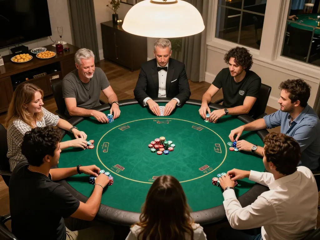 Friends engaged in a poker game at home, showcasing strategic gameplay at https://s8inc.com/ as fun entertainment.