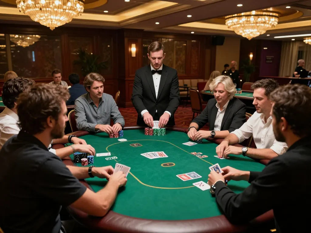 Players strategizing during a high-stakes poker game at a luxury casino, showcasing go8 gaming enthusiasm