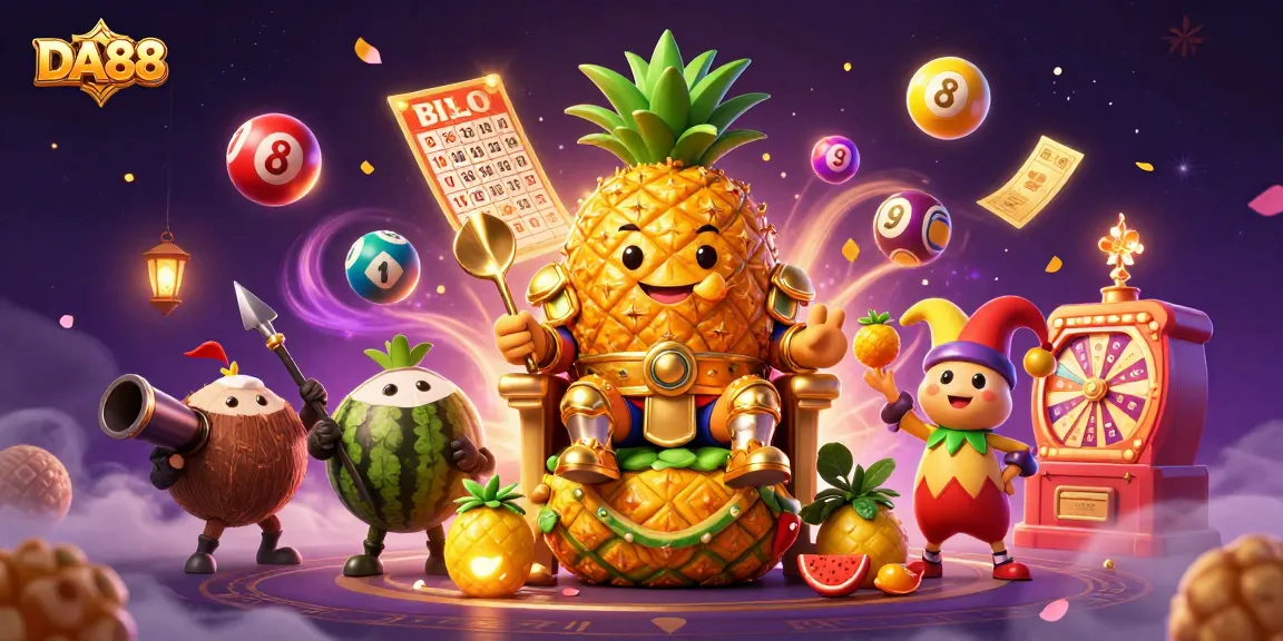 DA88 casino scene with golden pineapple king and colorful lottery dynamics, enhancing engagement.