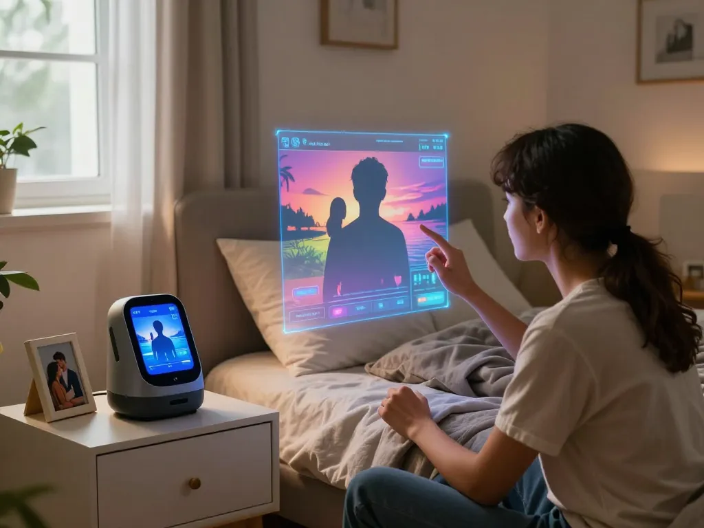 Couple exploring ai sex in a modern, intimate bedroom with holographic tech